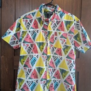 Massive Apparel Colorful Patchwork Short Sleeve Button Down Shirt Men's Large